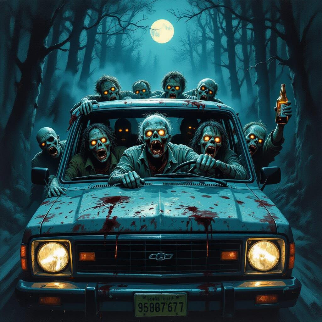 Grotesque Zombies in a Rusty Station Wagon