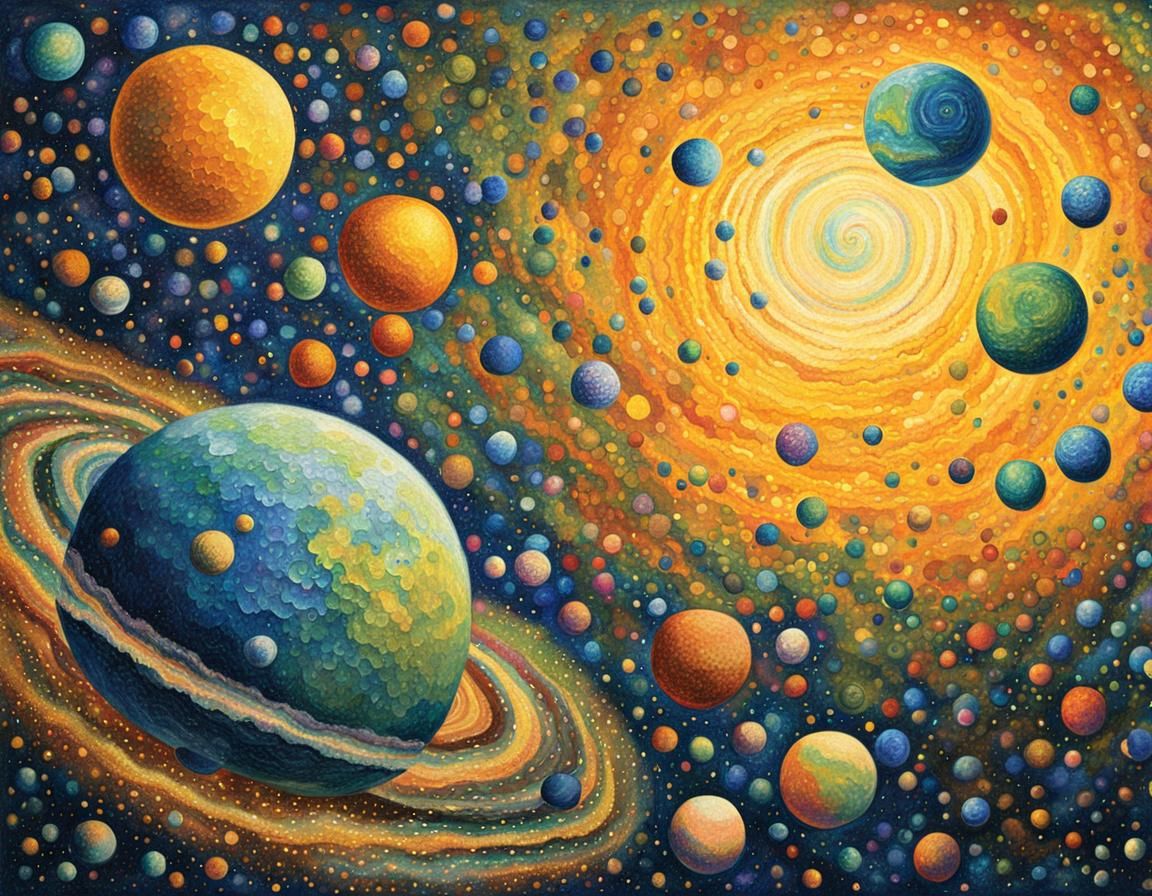 Pointillist Planets in Space as Seurat Painting