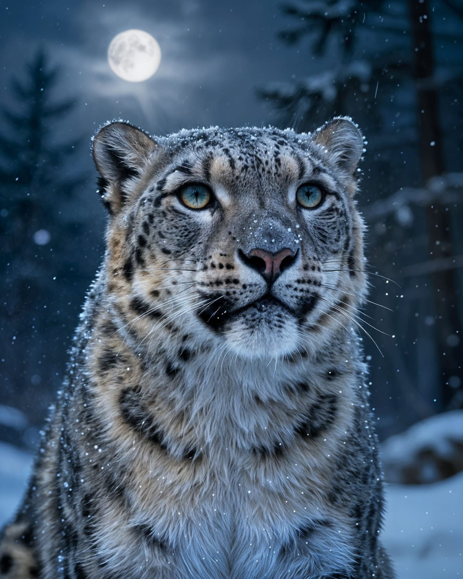 Majestic Snow Leopard in Blizzard at Night