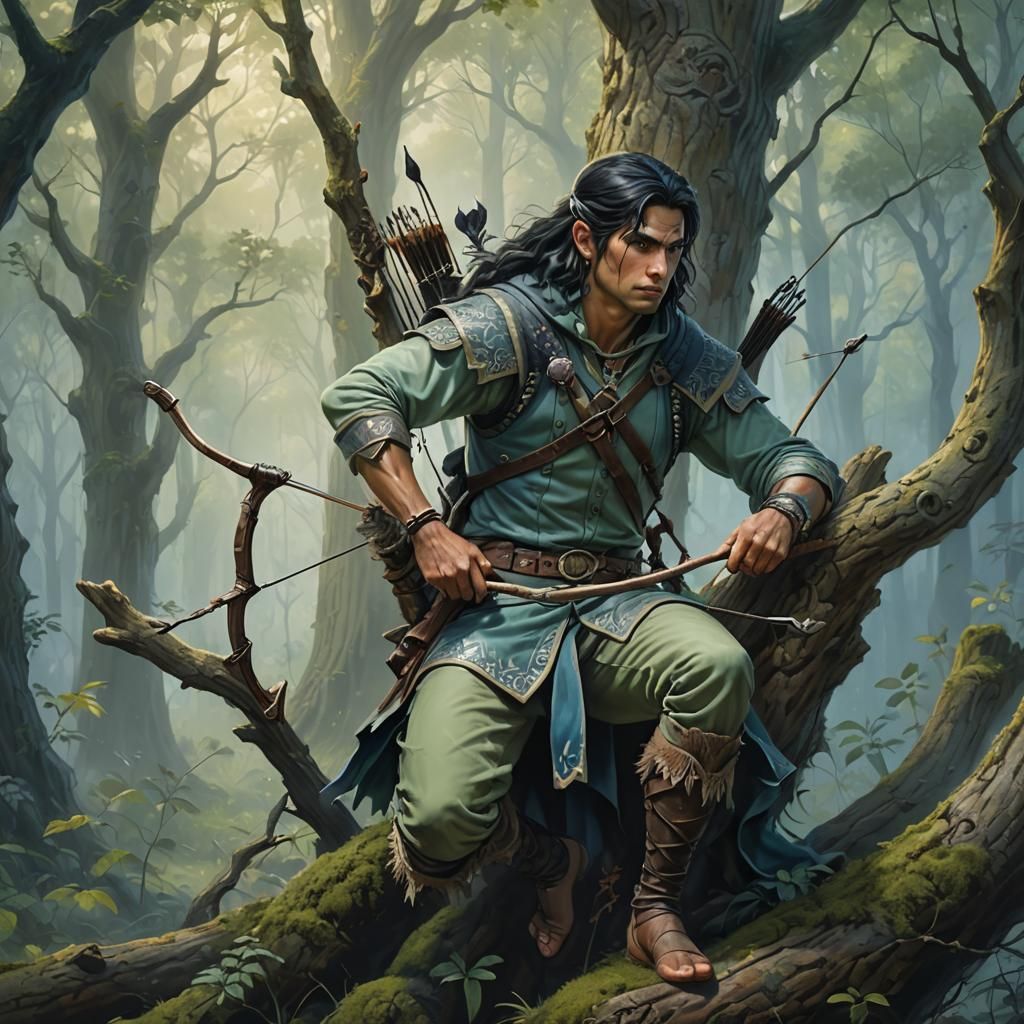 Tribal Archer in Pale Green Forest Fog