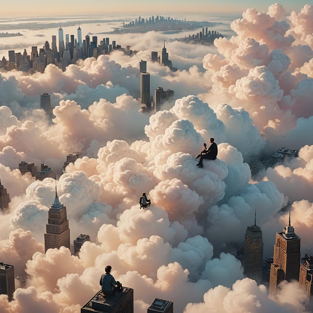People Cruising on Clouds Above NYC in Surreal Dreamscape