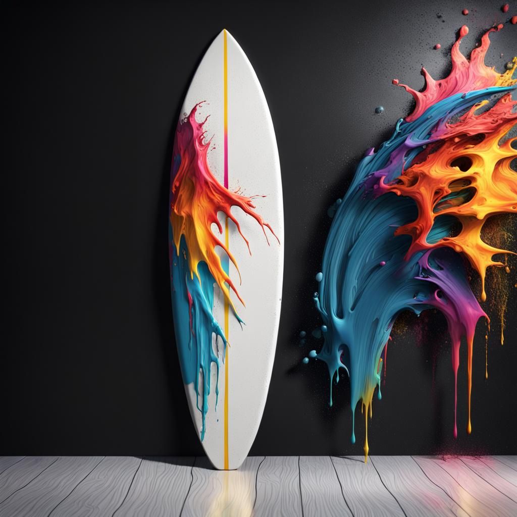 Vibrant Surfboard Art with Paint Splashes