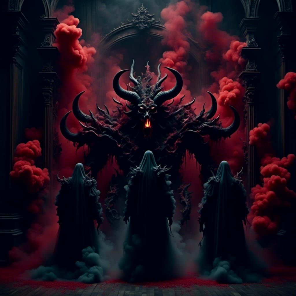 Demons in Gothic Chamber with Red Smoke
