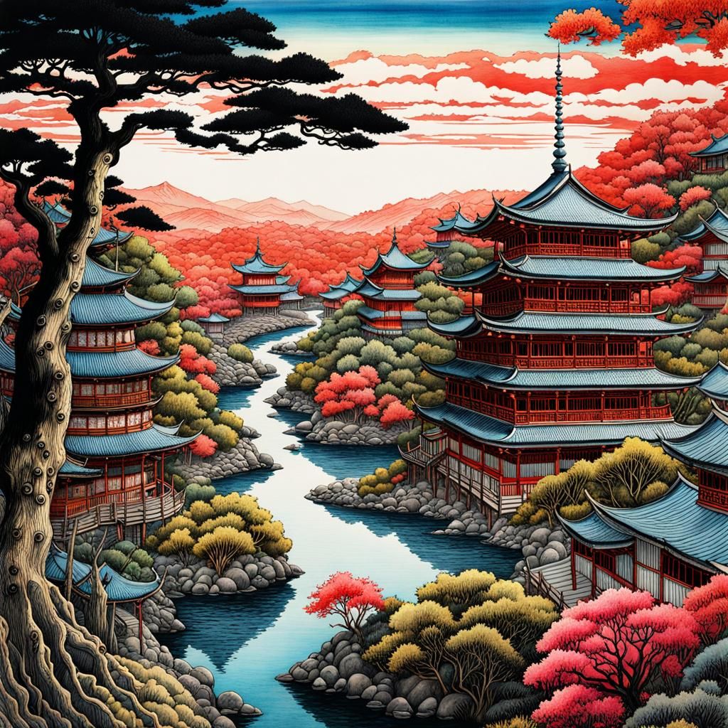 Surreal Japanese Landscape in Neo-Victorian Style