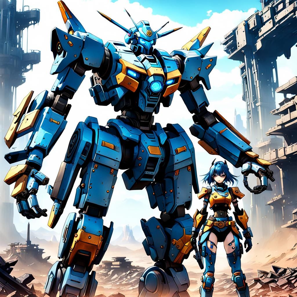 Anime Mecha Girl in Wasteland: Detailed Matte Painting