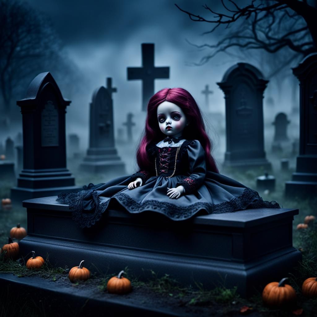 Creepy Doll in Foggy Graveyard: Hyperrealistic Image