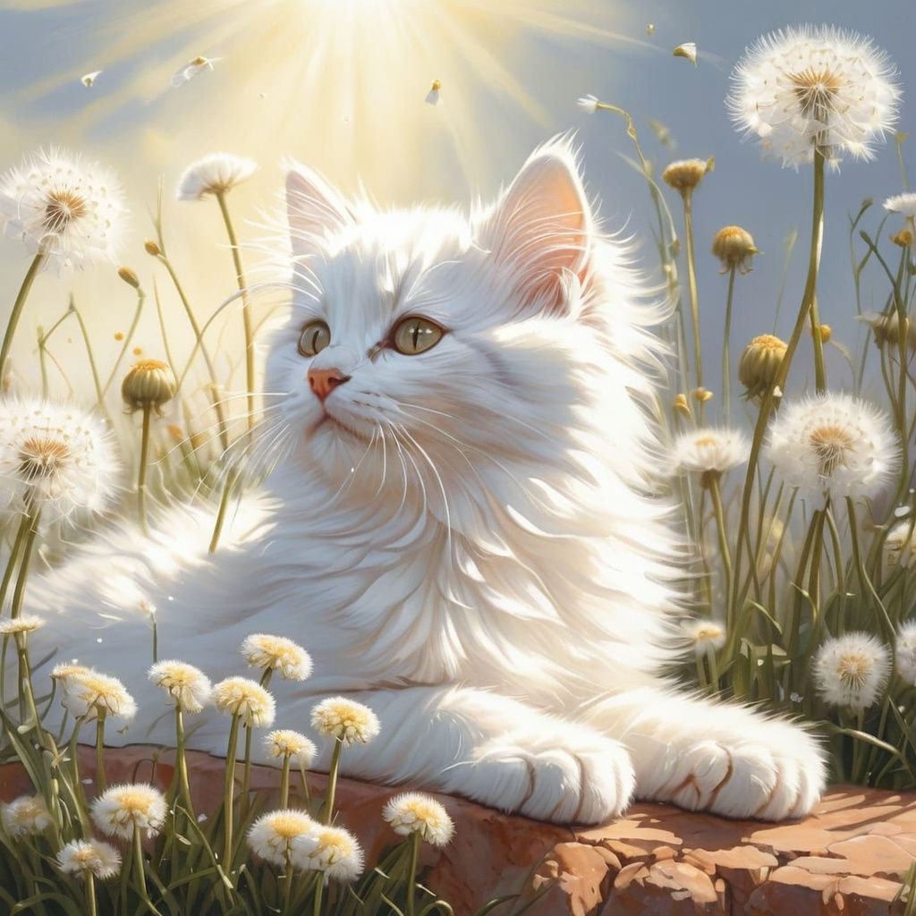 Hyperrealistic Kitten in Dandelion Field