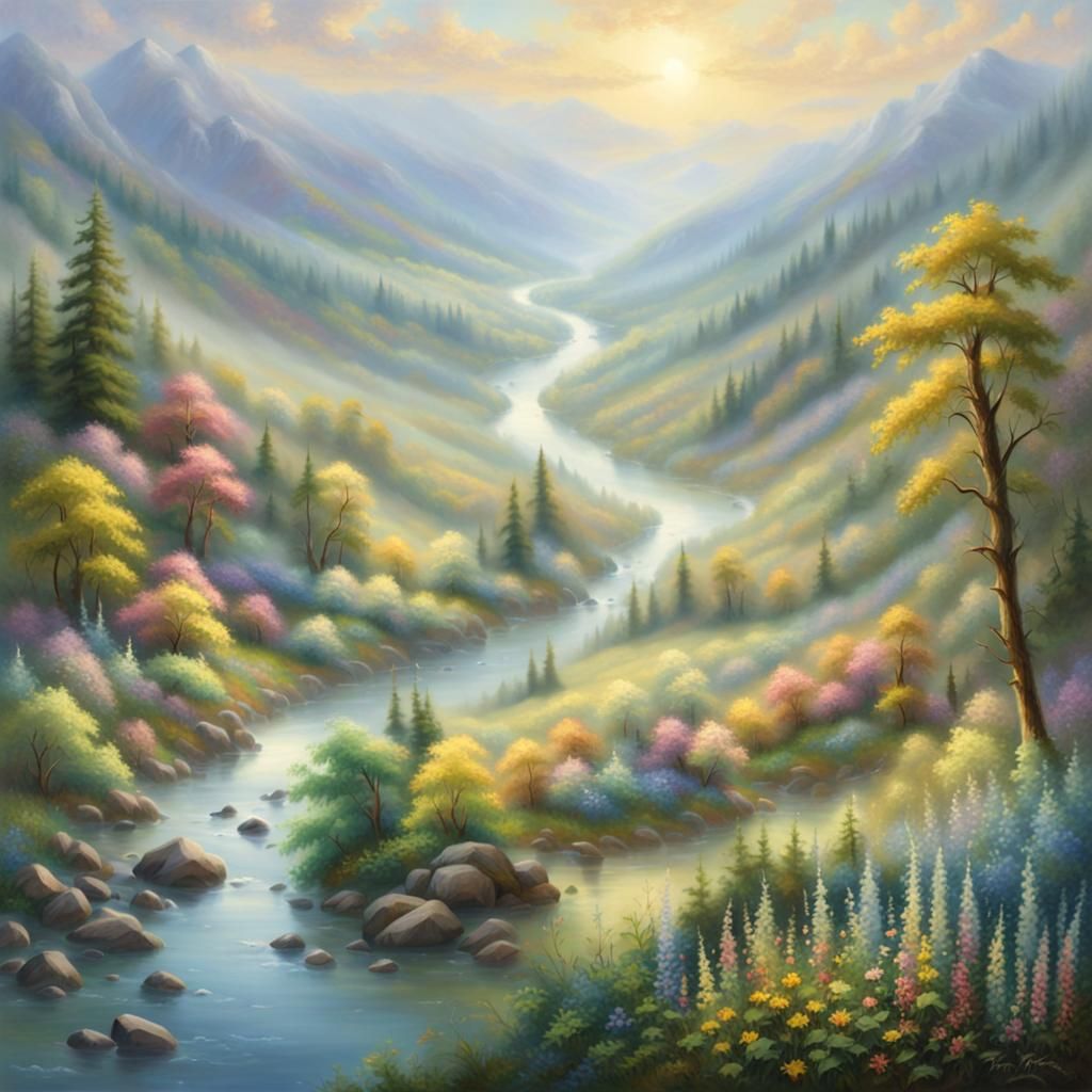 Enchanting River Valley in Kinkade Style