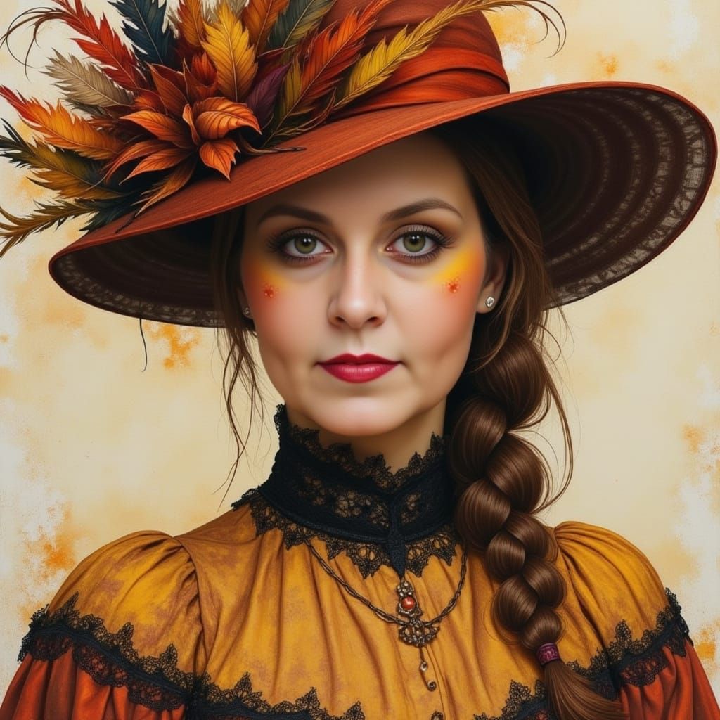 Victorian colonial, elegant capeline hat, intense look, vibr...