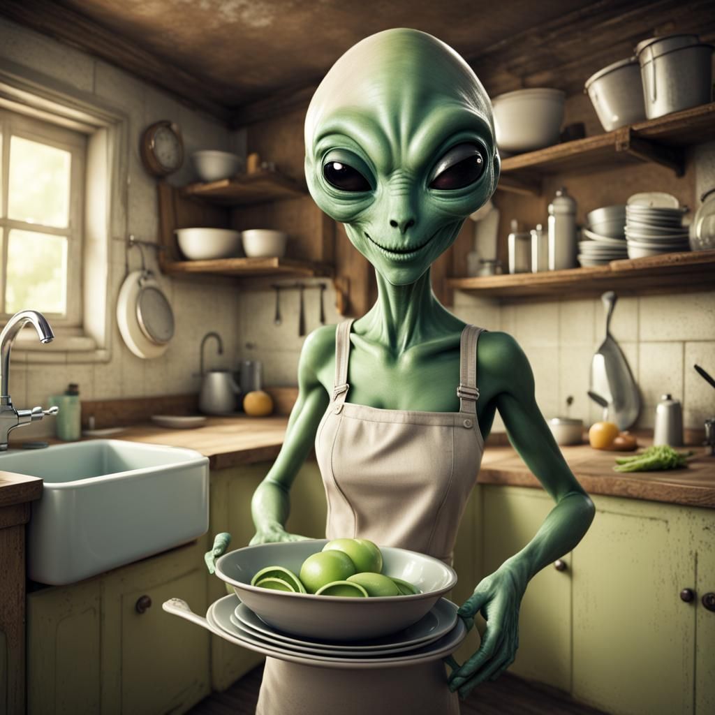 Happy Alien Doing Dishes in Vintage Kitchen