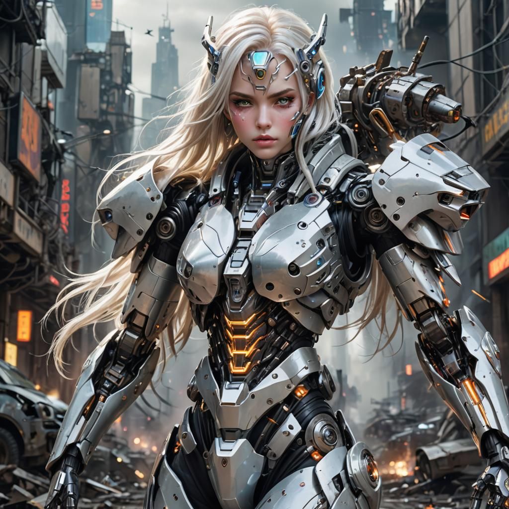 Ethereal Cyberpunk Warrior in Apocalyptic Wasteland