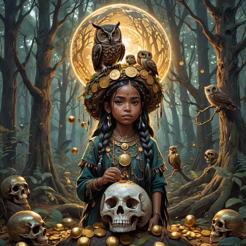 Indigenous Girl with Skulls in Cosmic Illustration