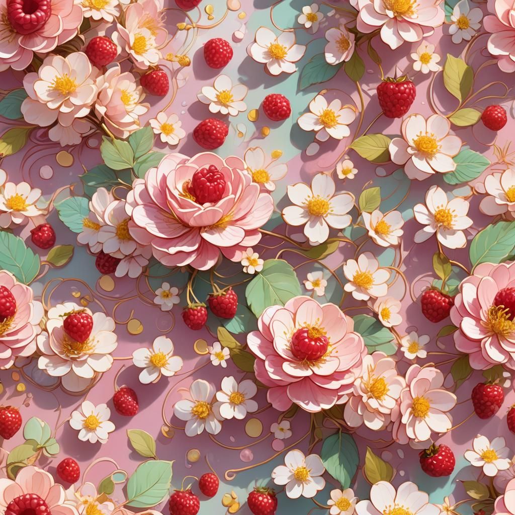 Pastel Anime Illustration of Raspberry and Pear Blossoms