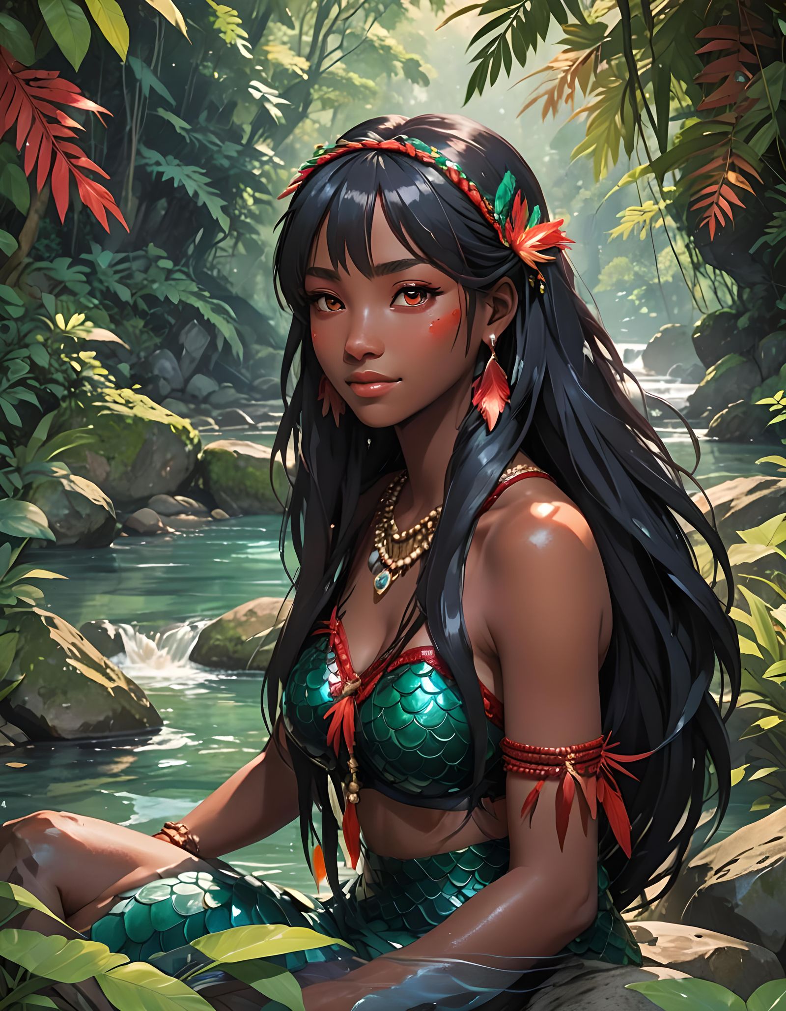 Anime Mermaid Girl in Amazon Jungle