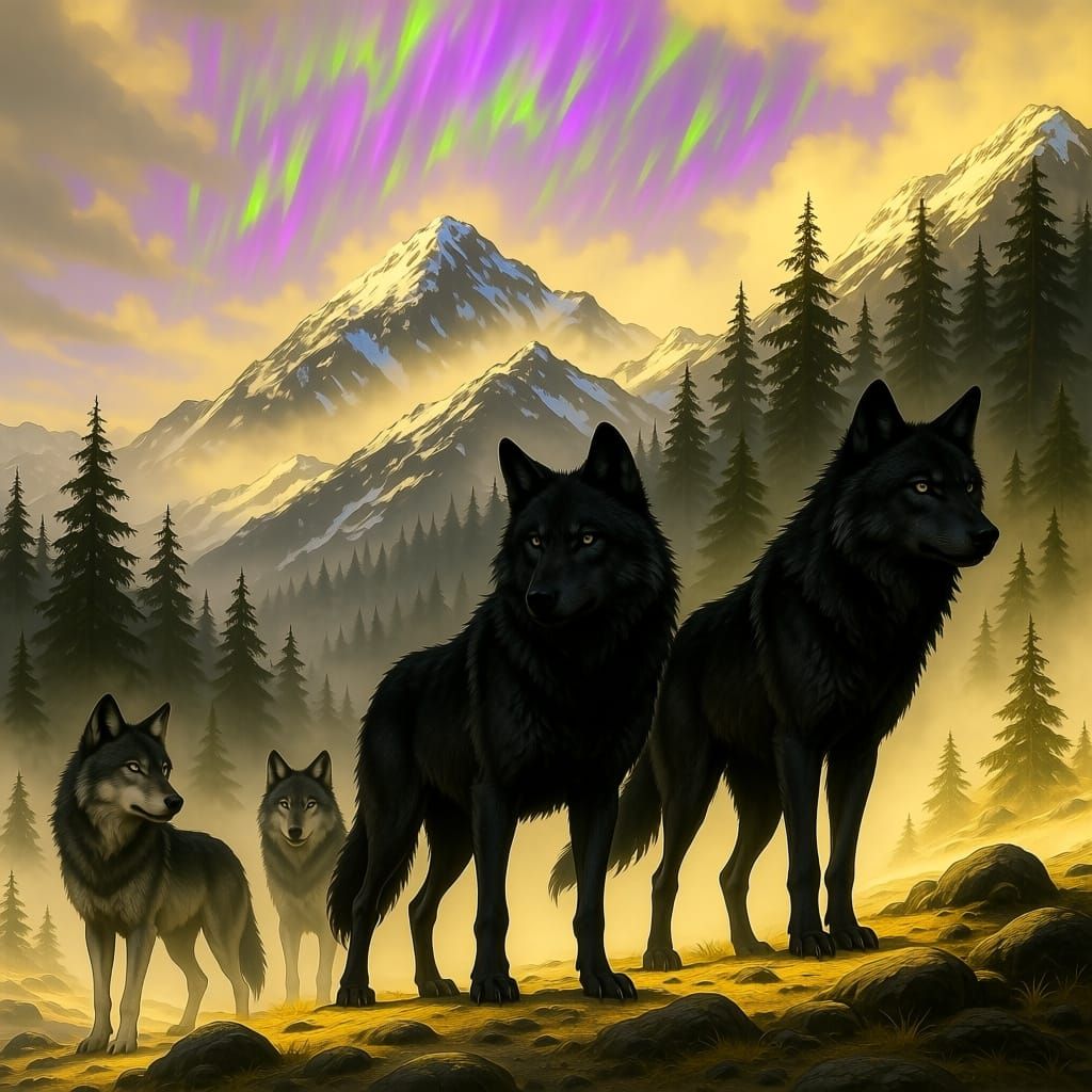 Dark Fantasy Wolves Under Northern Lights in Snowy Mountains