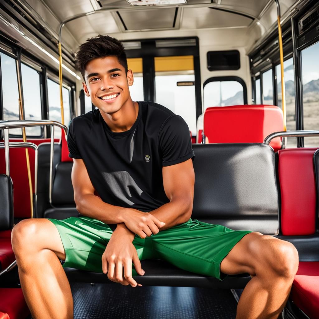 Handsome Hispanic Teenager Smiling on a Bus