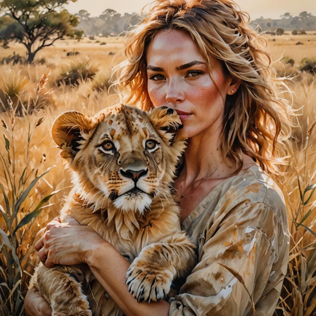 Woman with Lion Cub: Impressionist Watercolor Portrait