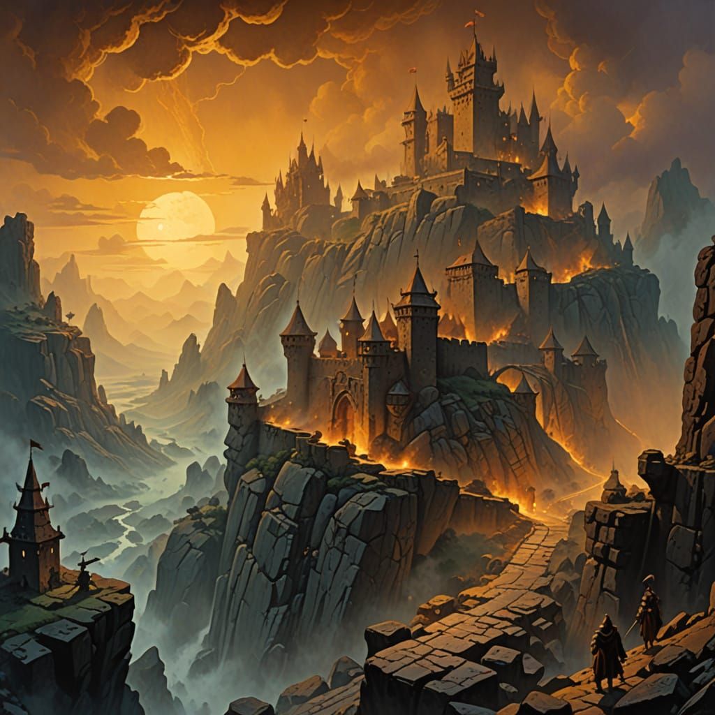 Iron Fortress at Sunset in 1970s Fantasy Art Style