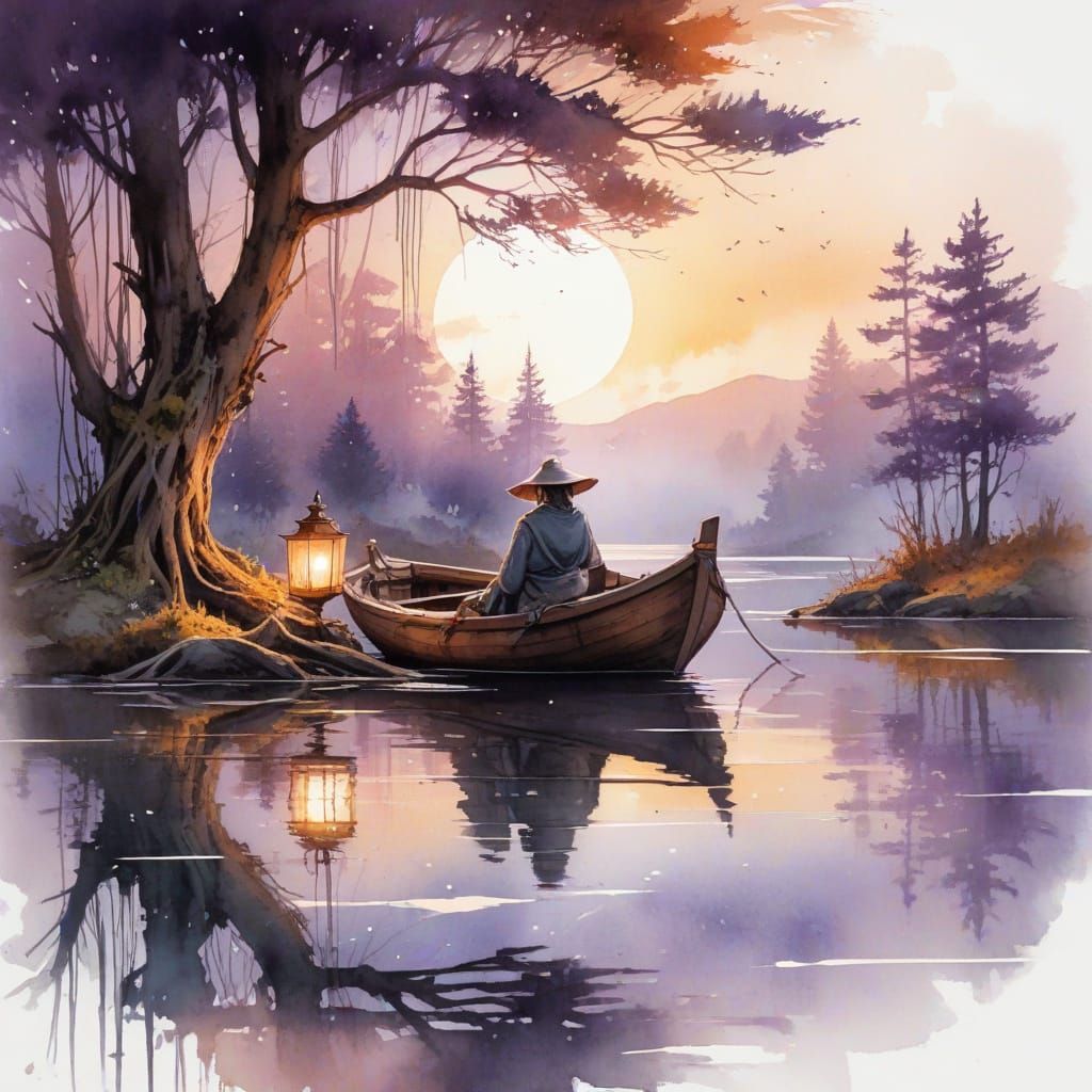 Mystical Forest River Boat in Watercolor Style