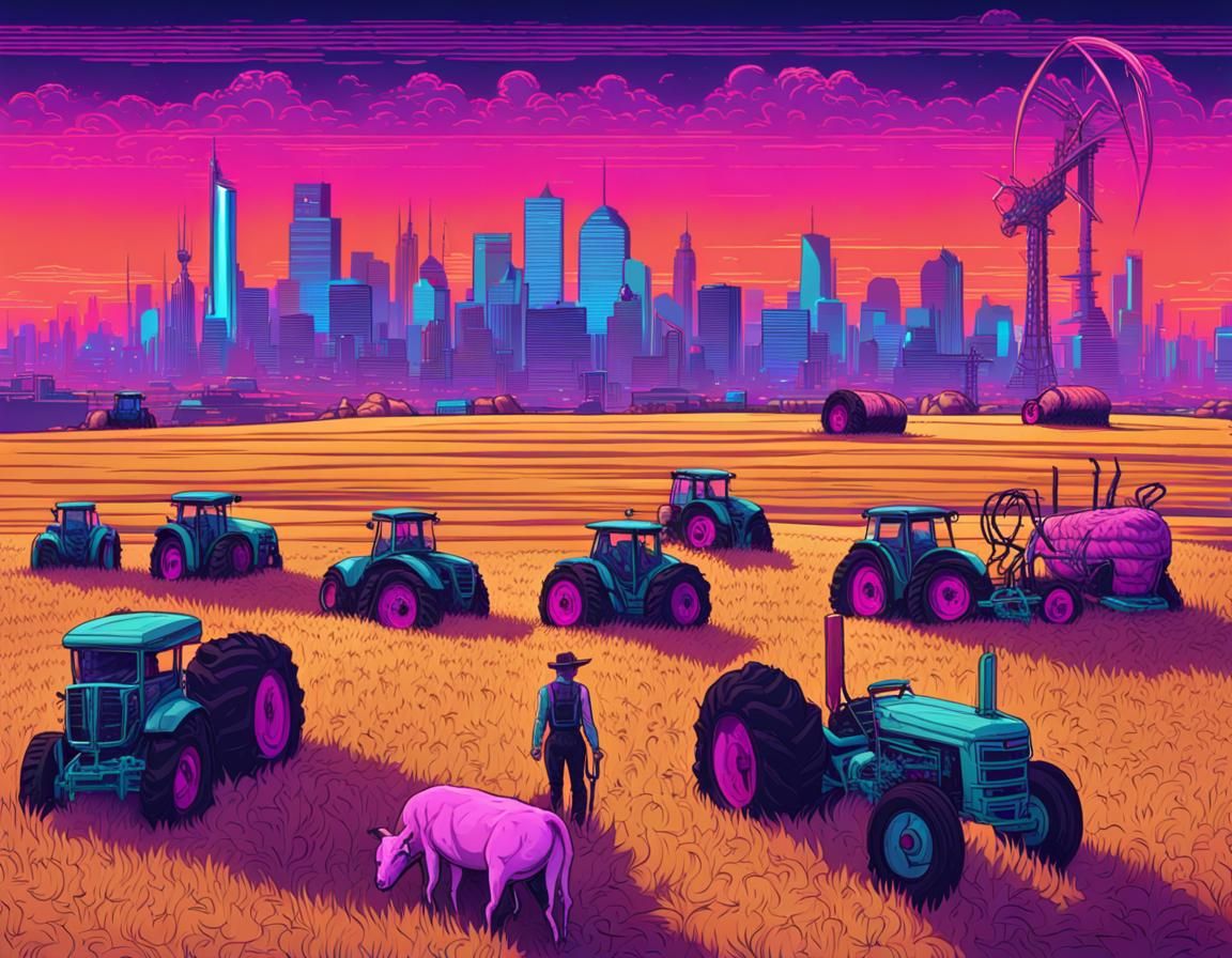 Prairie Life Meets Cyberpunk Cityscape