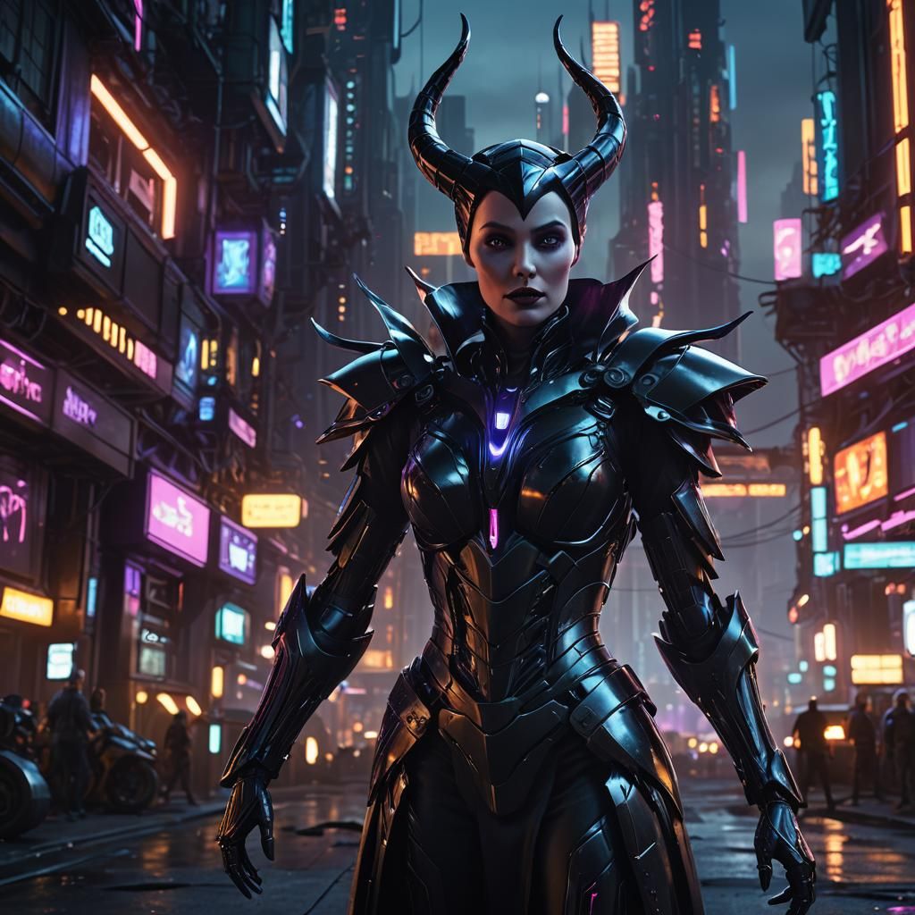 Maleficent in a Dark Futuristic Cityscape