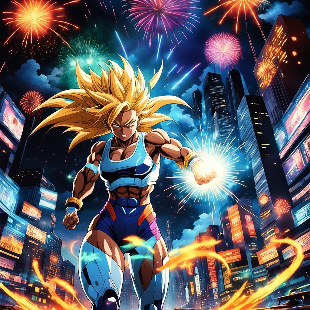 Powerful Super Saiyan in Retro Anime City