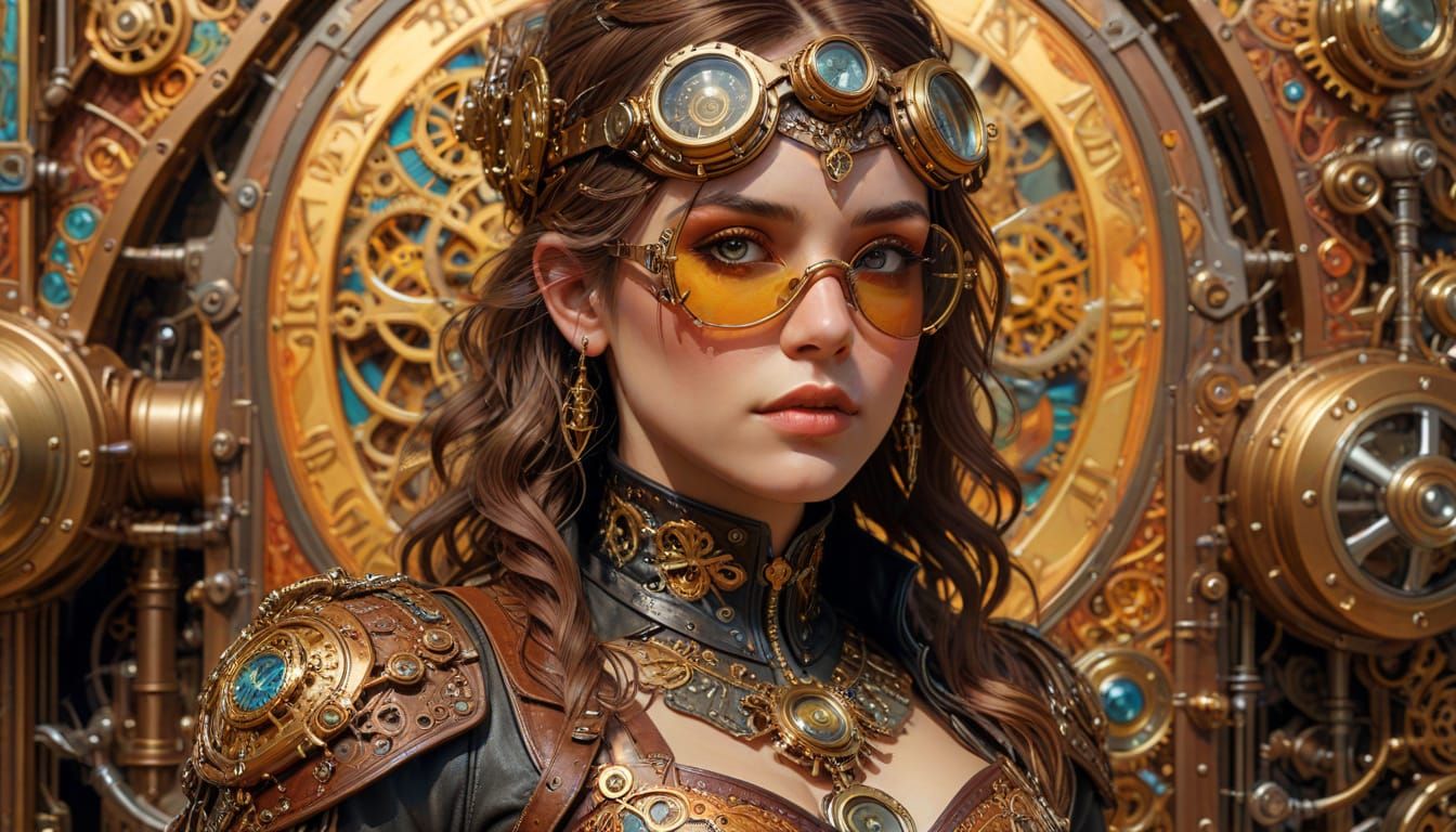 Steampunk Woman Portrait with Brass Gears in Art Nouveau Sty...