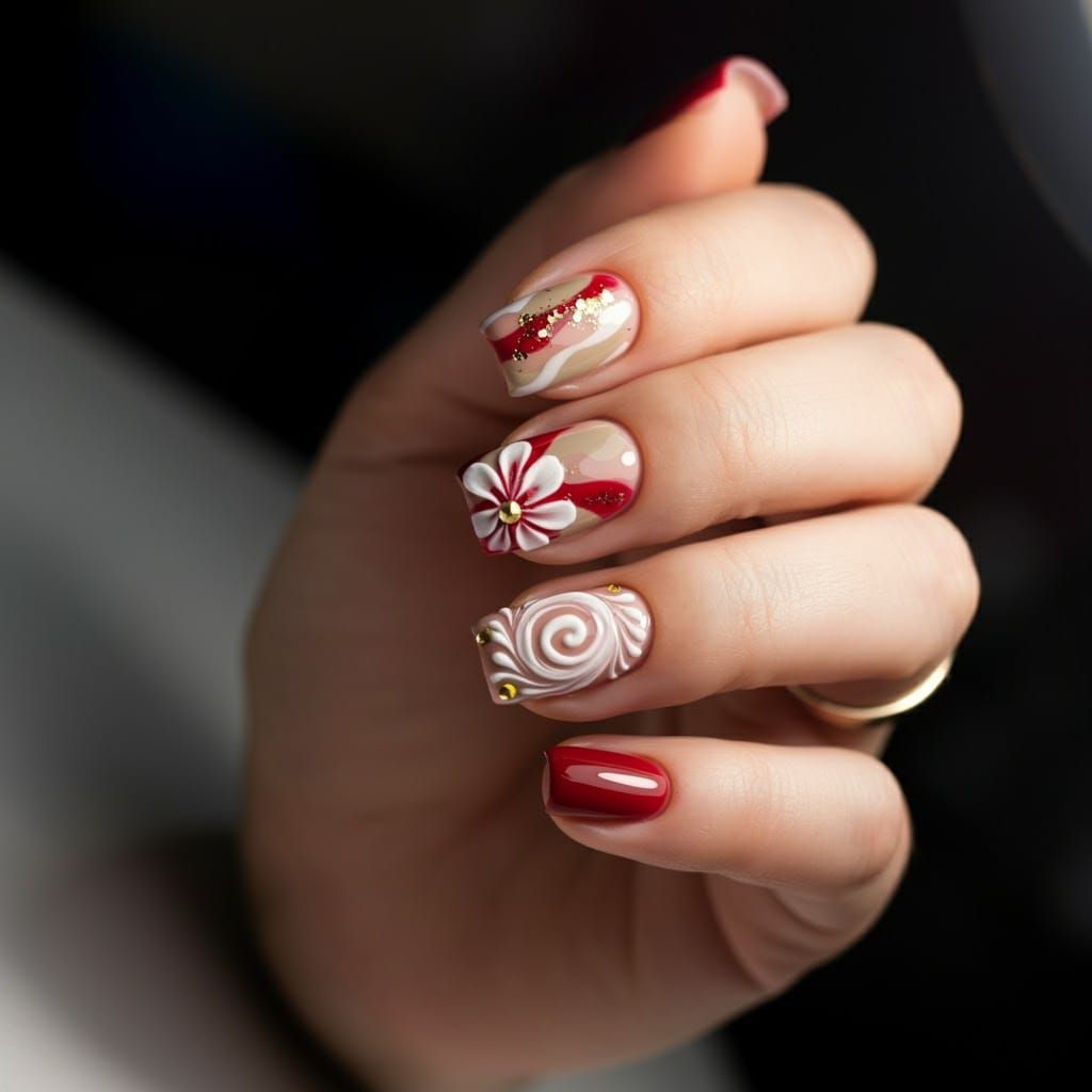 Detailed Camouflage Nail Art with Floral Accents