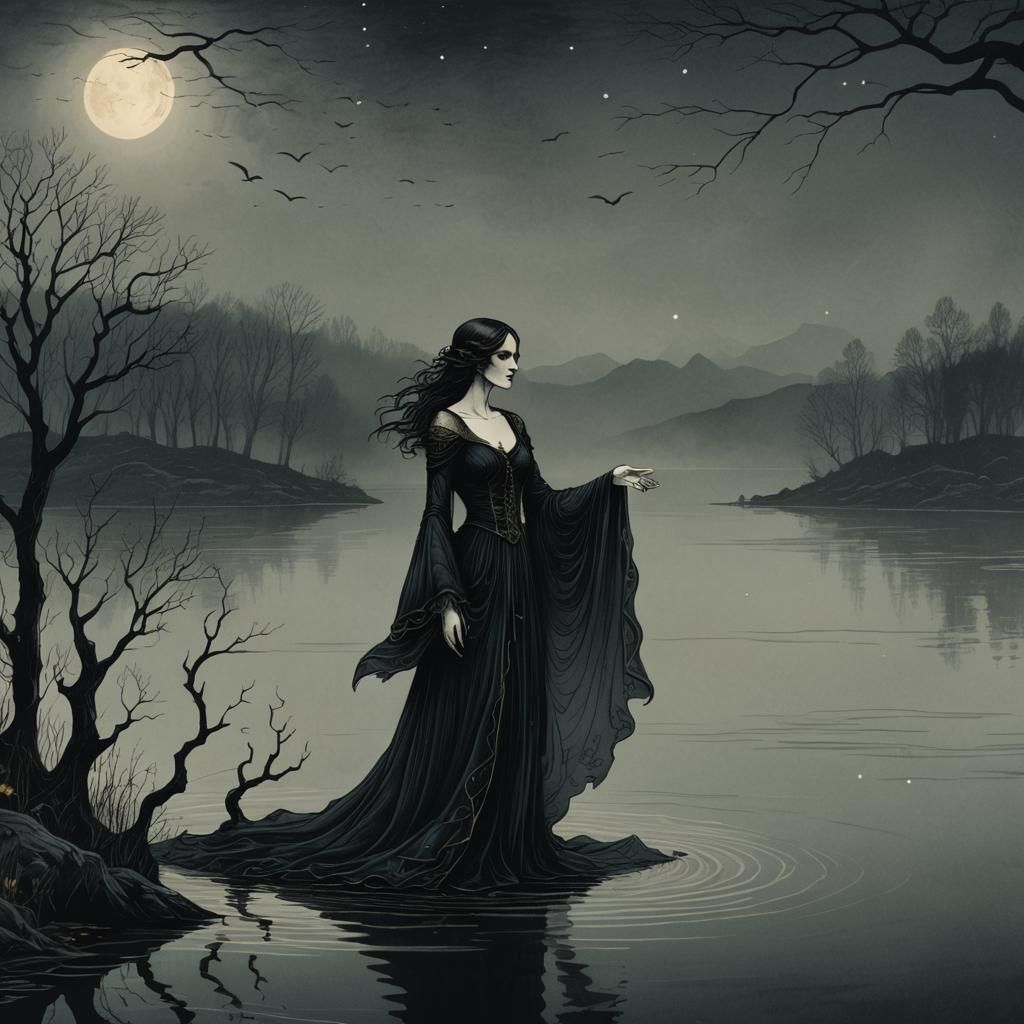 Ethereal Siren in Black Gown: Dark Fantasy Illustration