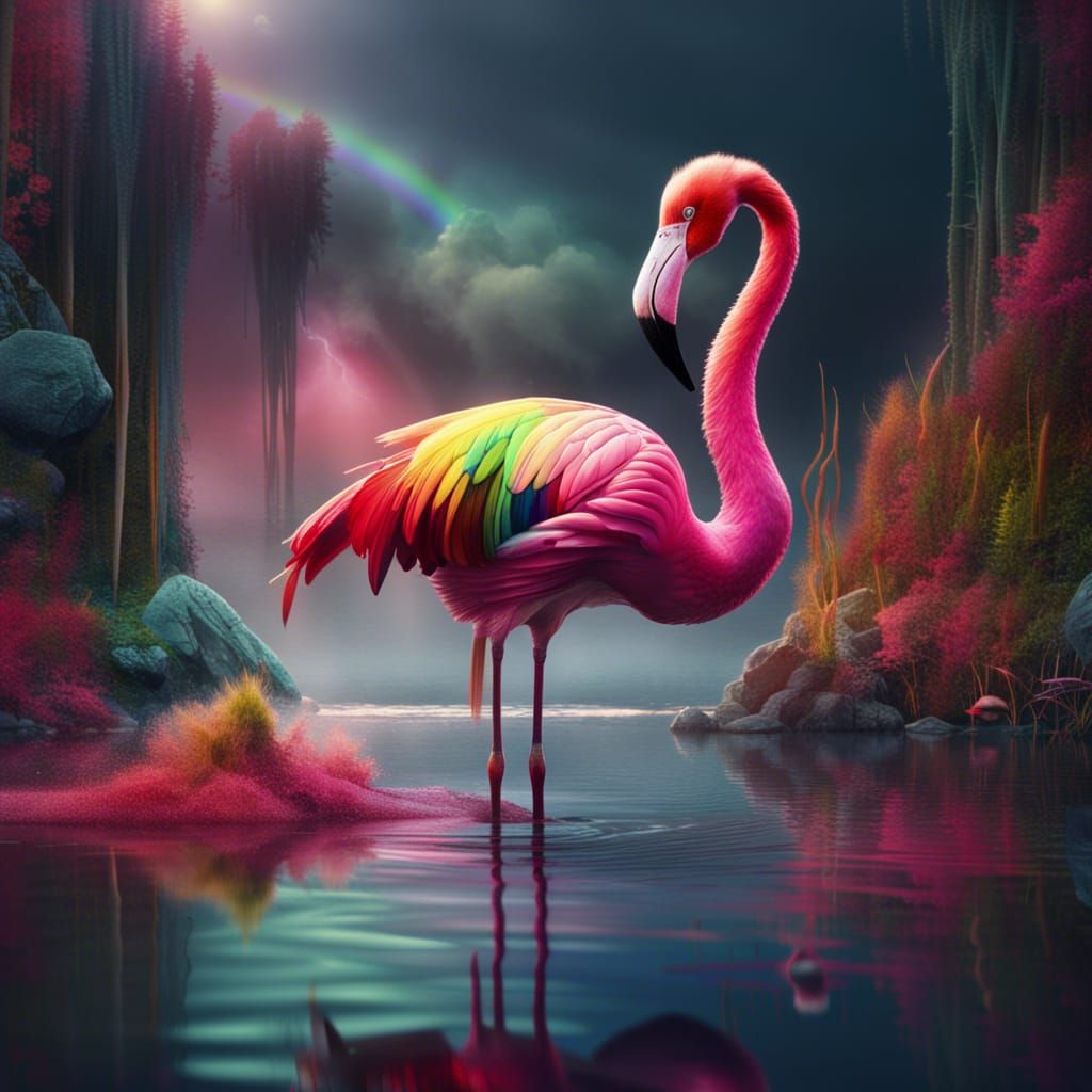Rainbow Flamingo with Unicorn Horn: Digital Painting