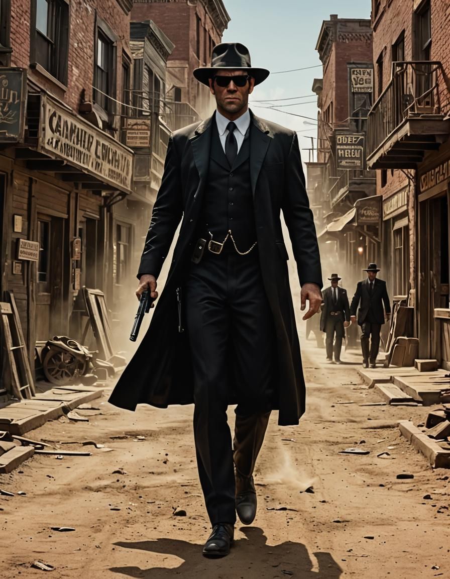 Agent Smith as Western Sheriff in Hybrid Landscape