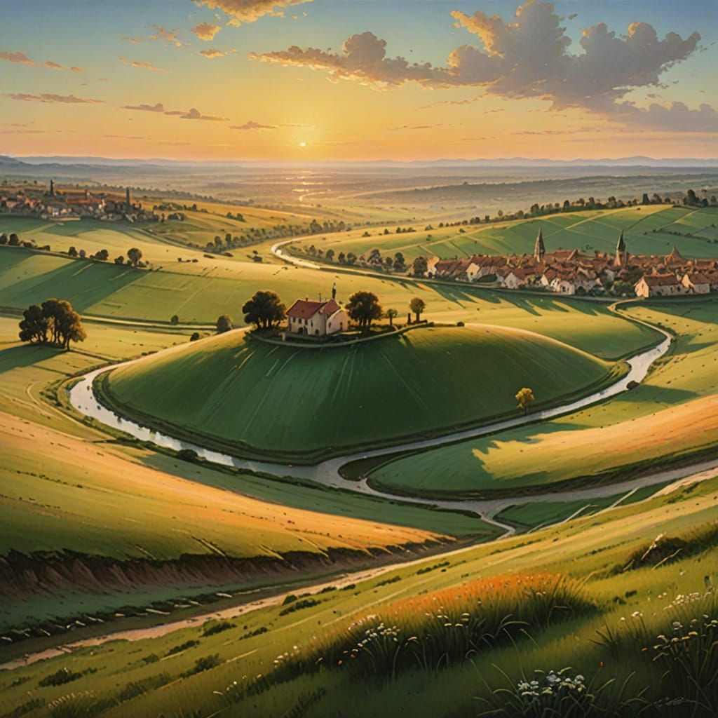 Sunrise Meadow Landscape in Venetian Oil Painting Style