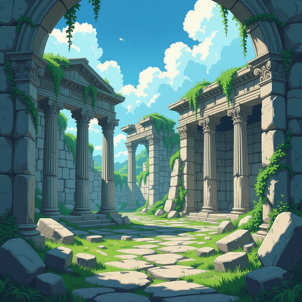 Ancient Greek Ruins in Vibrant Anime Style