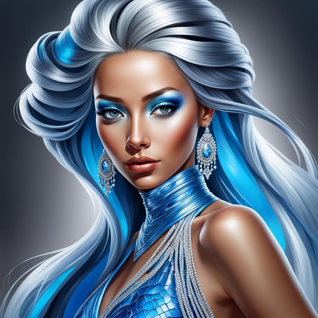 Elegant Woman with Silky Blue Skin: Airbrush Art