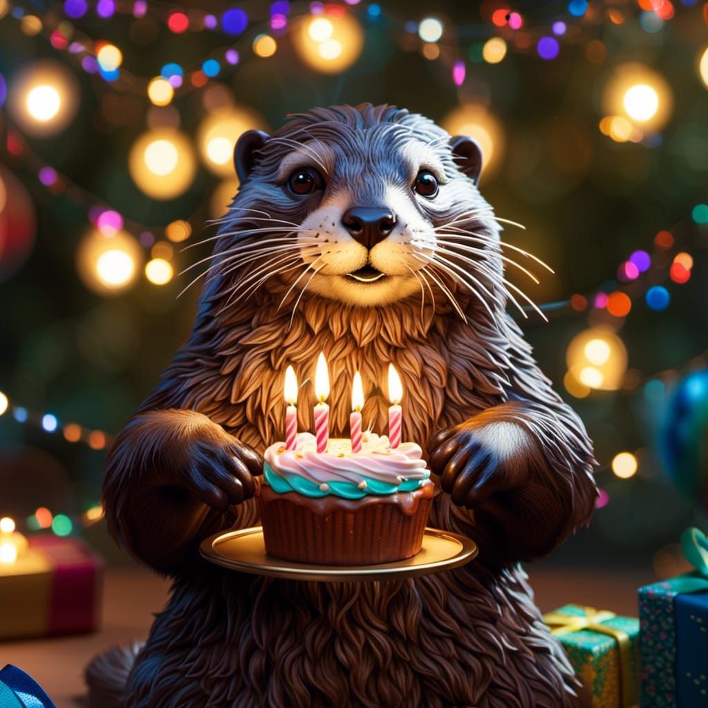 Joyful Otter Celebrates Birthday with Cake
