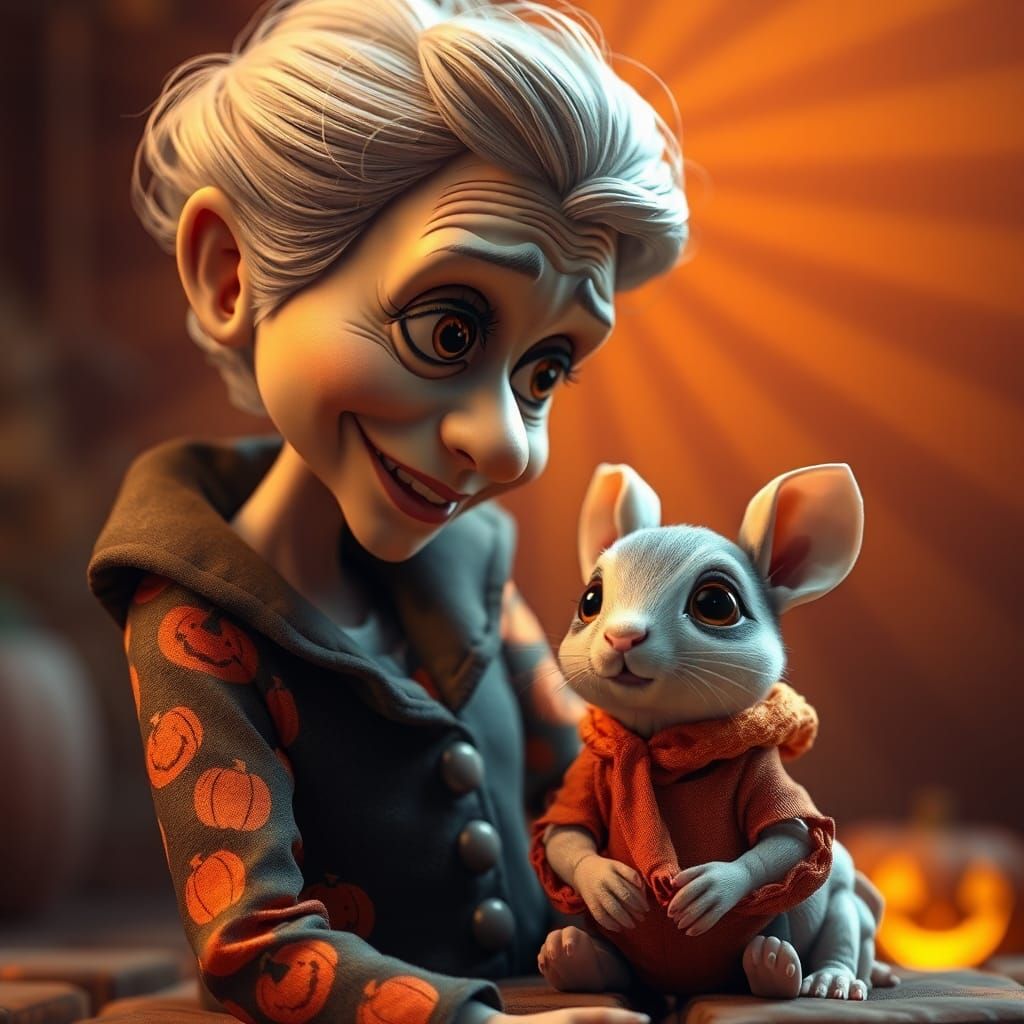 Halloween Kitten and Smiling Grandmother, 3D Render