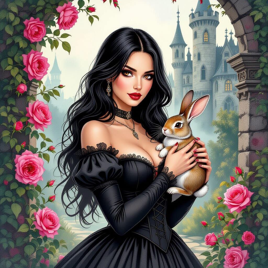 Gothic Woman with Rabbit in Alcohol Ink Style