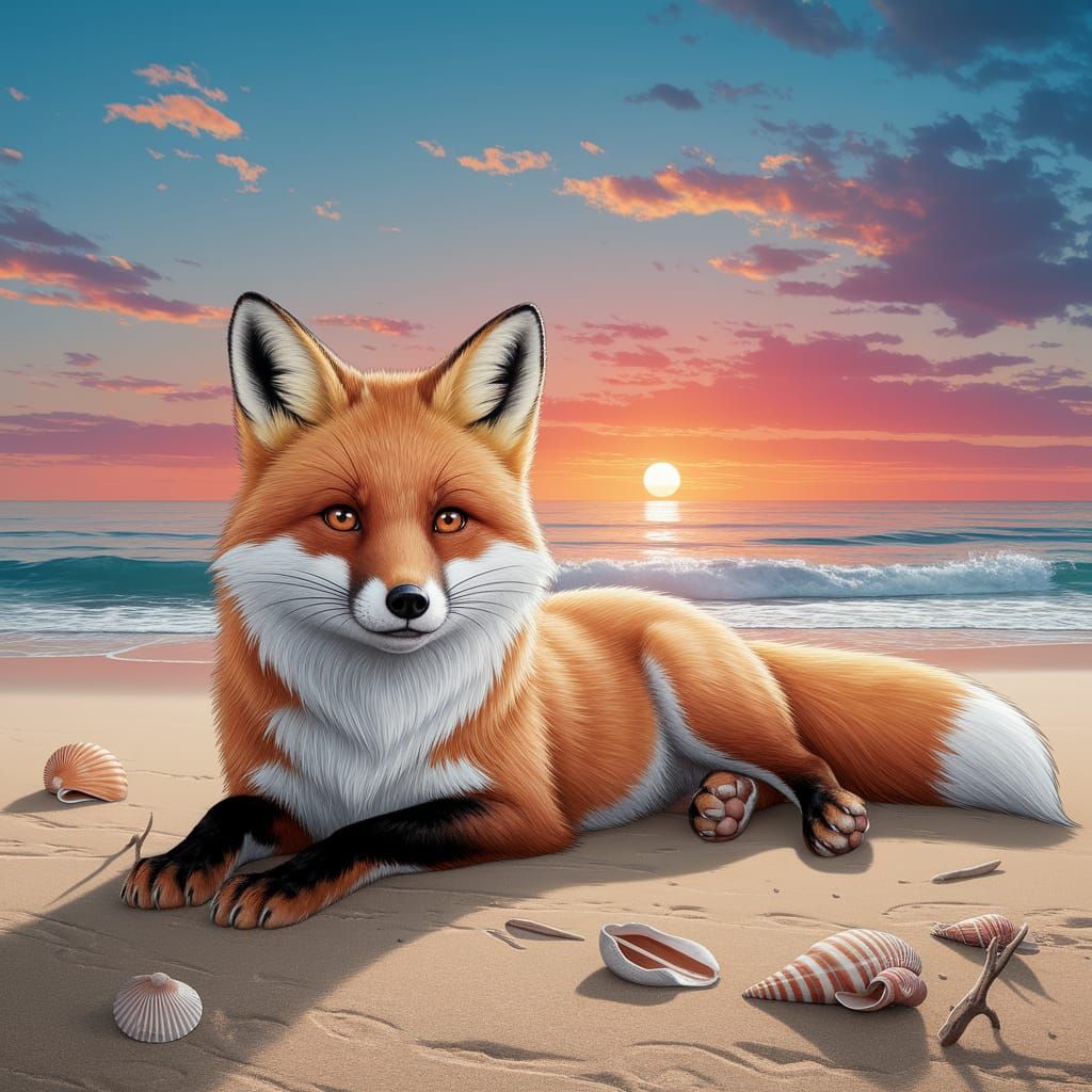 Fox Lounging on Beach at Sunset: Children's Illustration