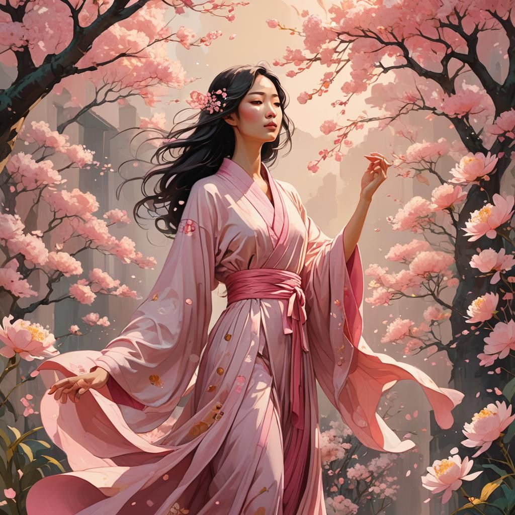 Elegant Woman in Pink Robes: Ethereal Concept Art