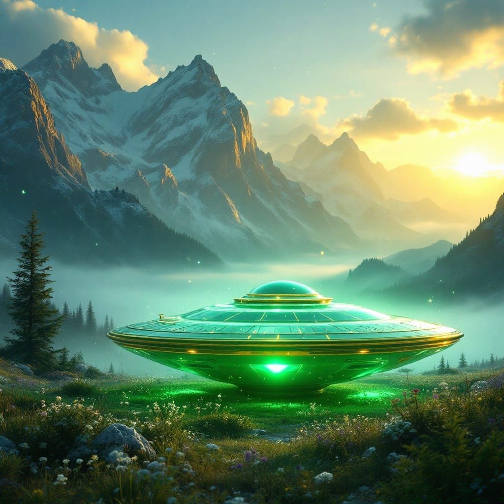 Ethereal Green Lightship Amid Majestic Mountains