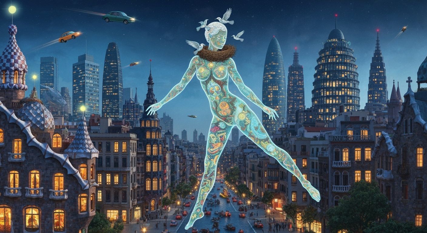 Surreal Cityscape with Bioluminescent Figure in Gaudí Style
