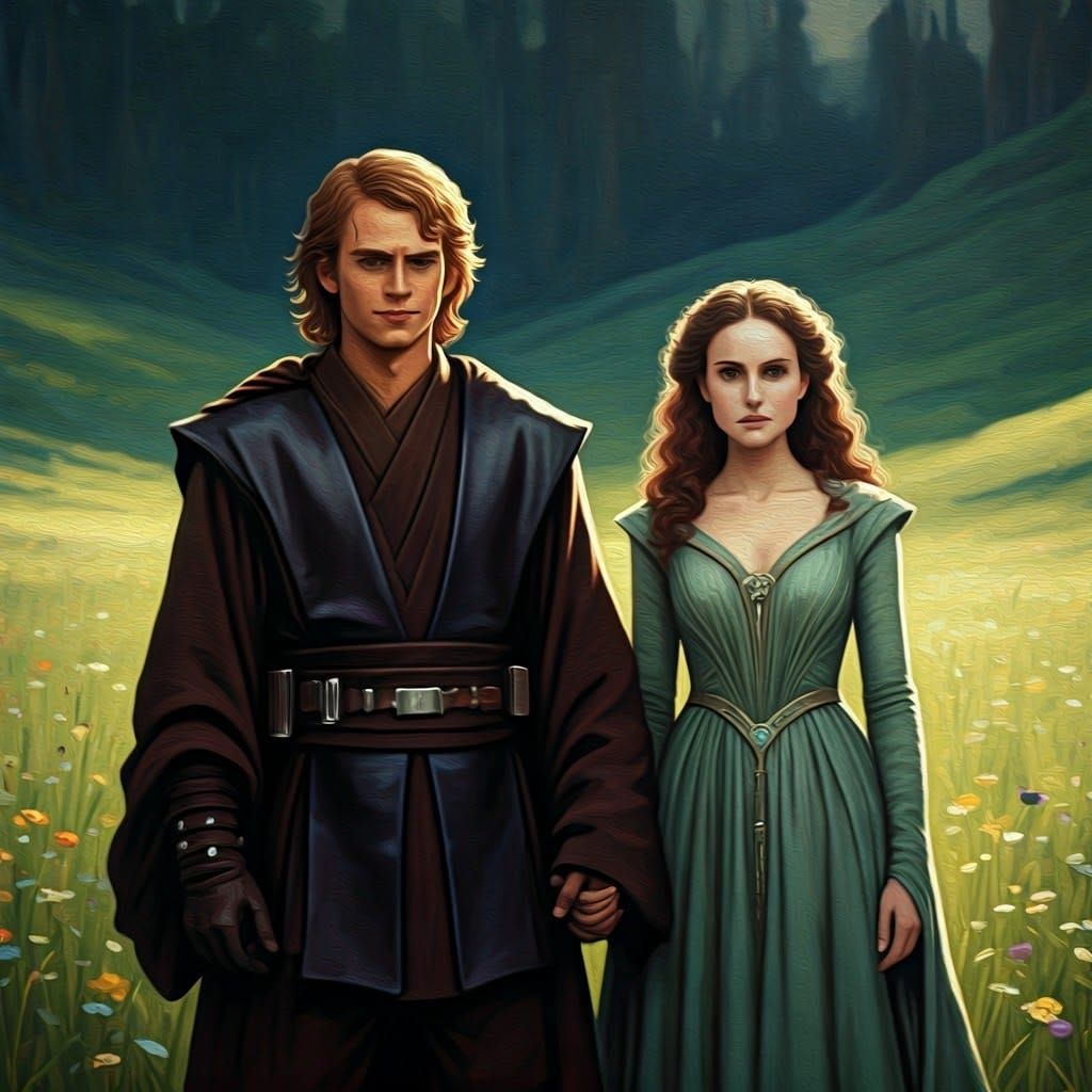 Anakin and Padme in Emerald Field, Impressionistic Style