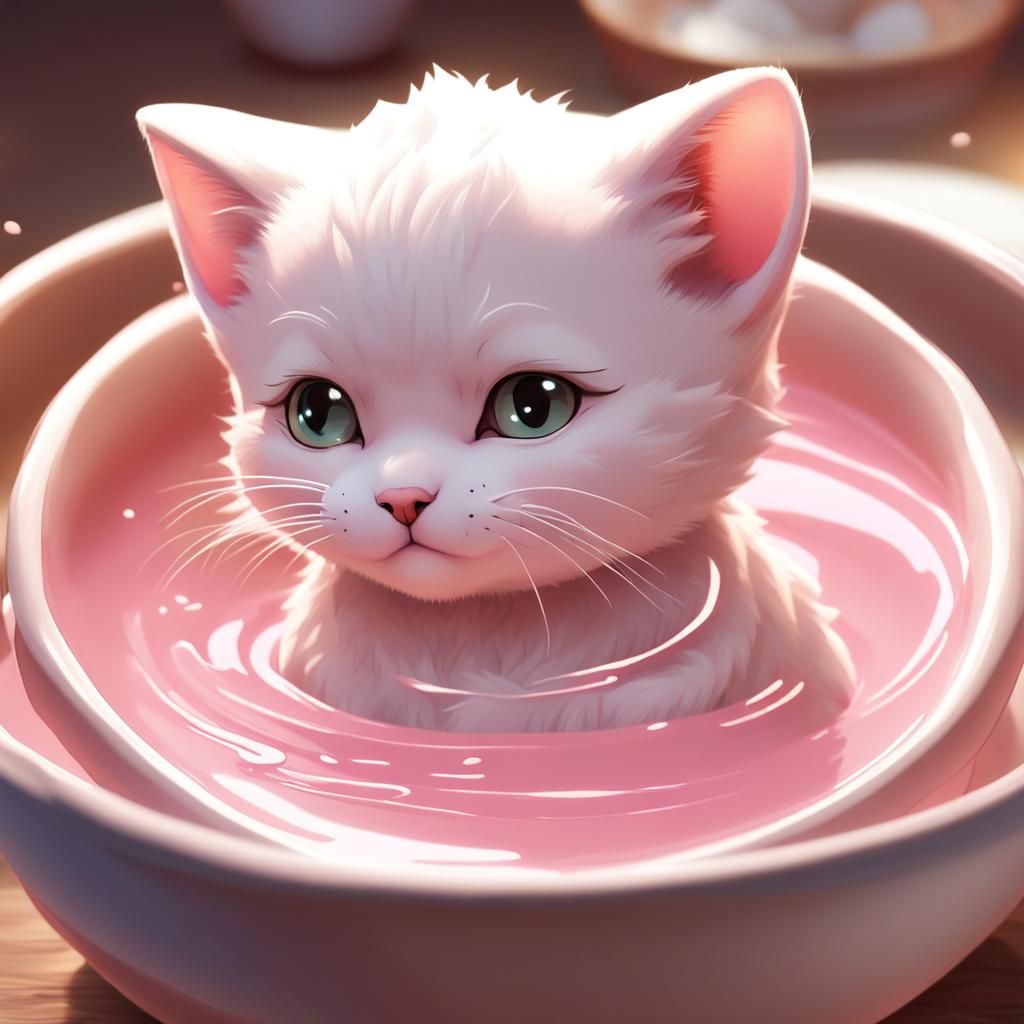Pink Kitten Lapping Milk: Hyperrealistic 3D Anime Art