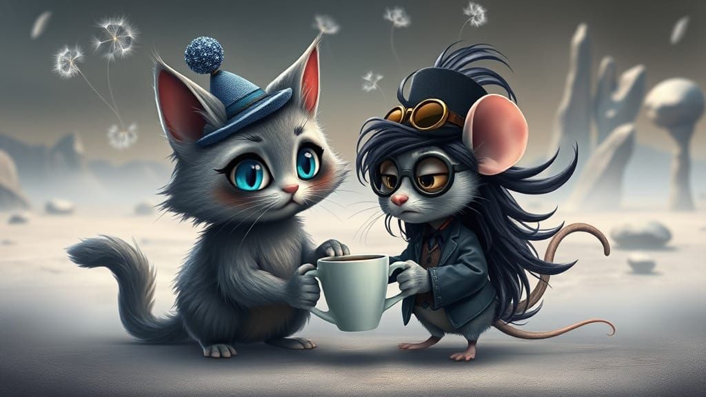 Whimsical Goth Cat and Mouse Duo in a Vibrant Gothic Landsca...