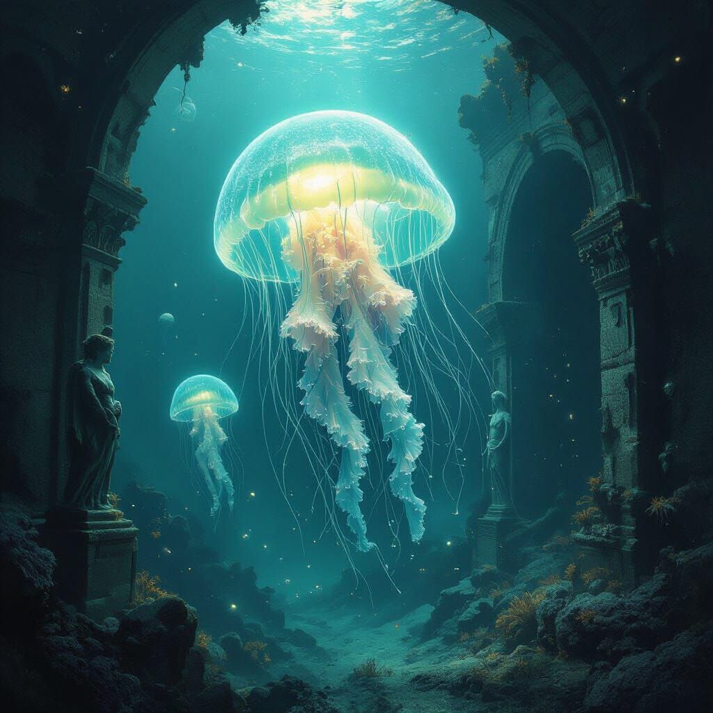 Bioluminescent Jellyfish in Sunken City Ruins