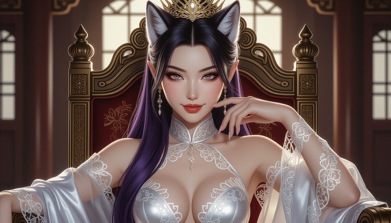 Werewolf Queen in Retro-Futuristic Japanese Throne Room