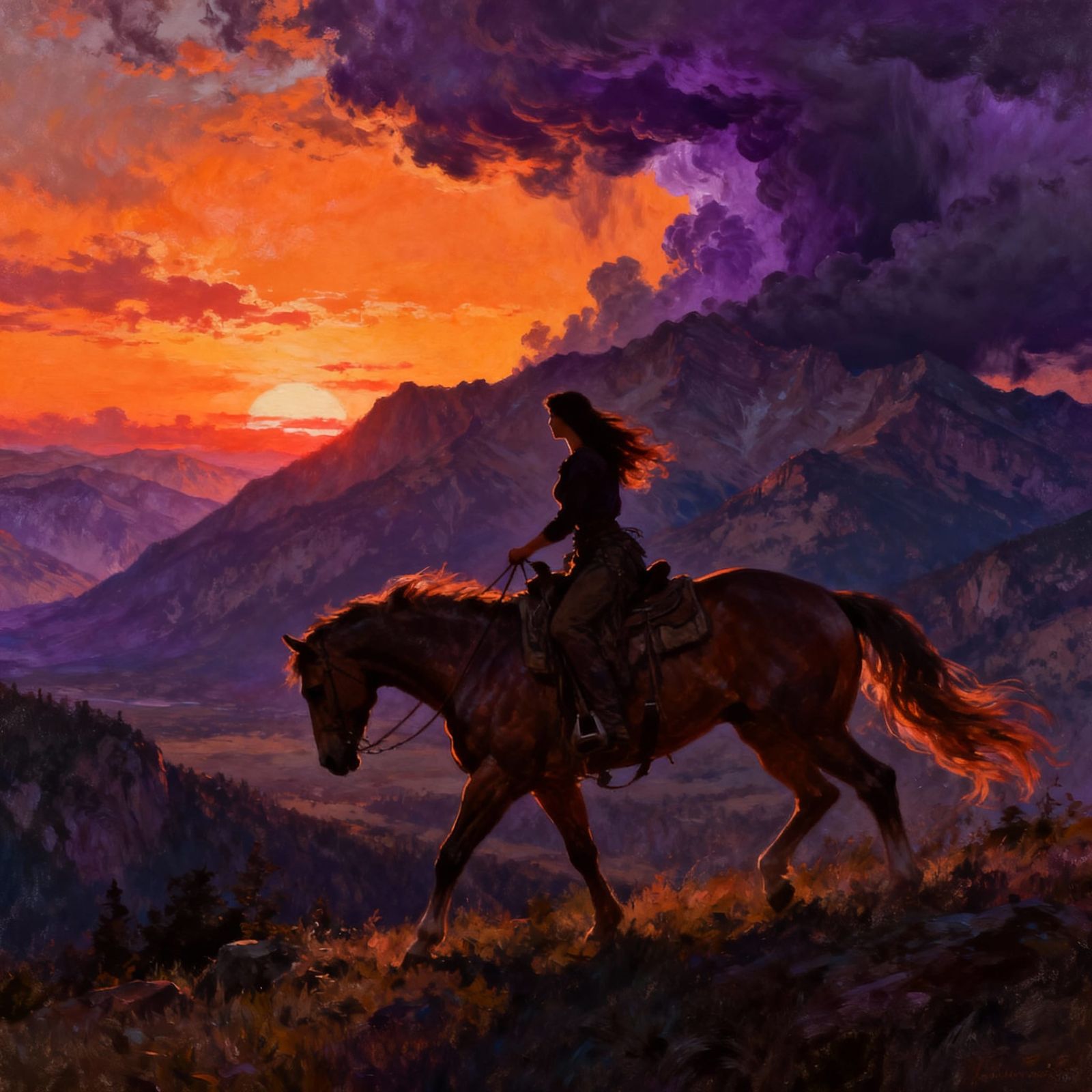 Woman on Horseback Under Fiery Sunset Sky