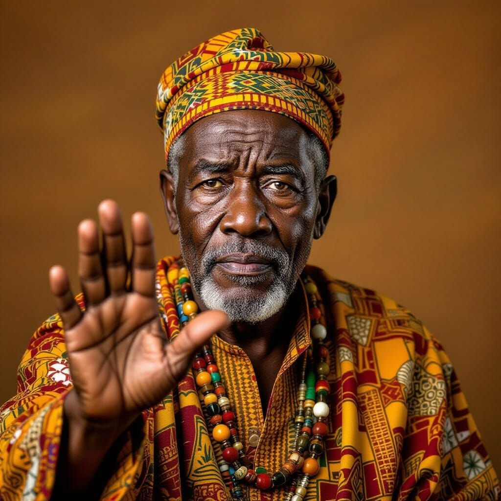 Wise Elderly Man Reaching Out in Warning