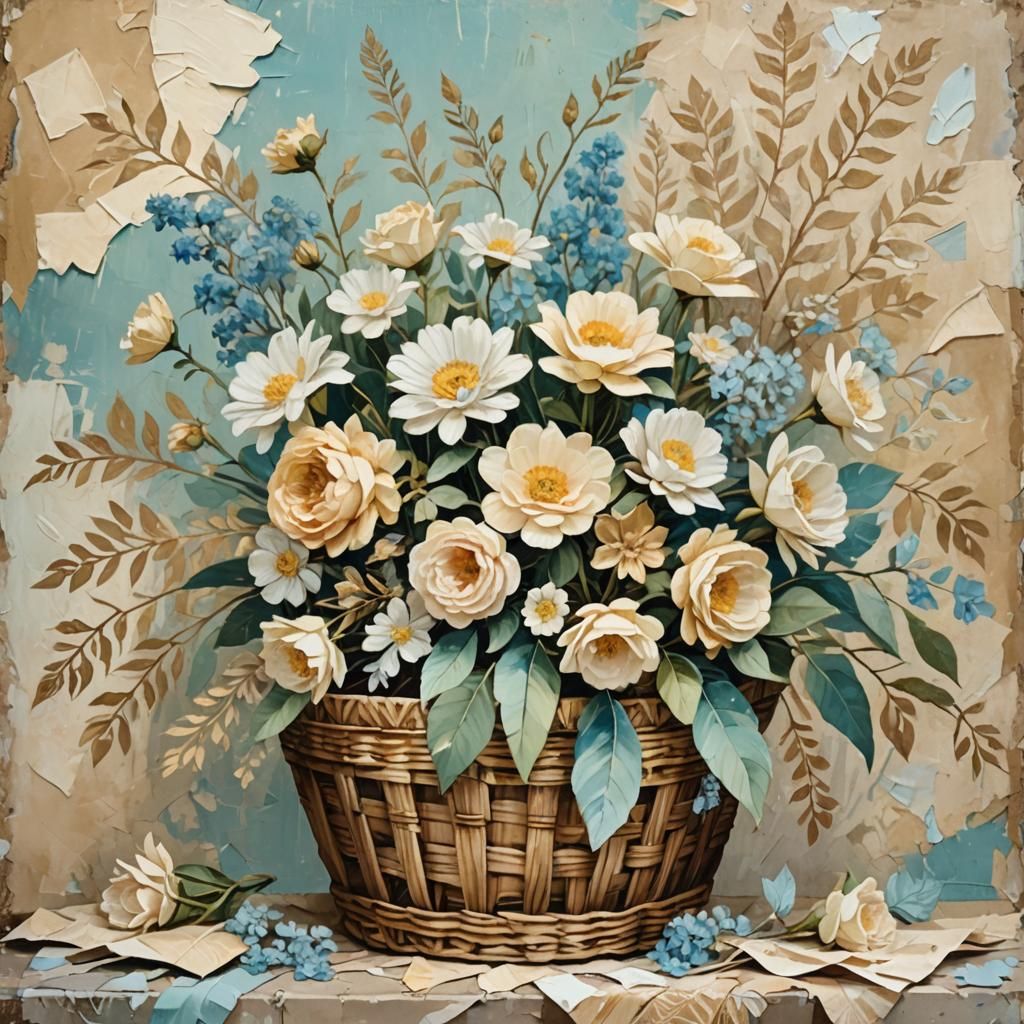 Pastel Flowers Overflowing Basket in Mixed Media Collage