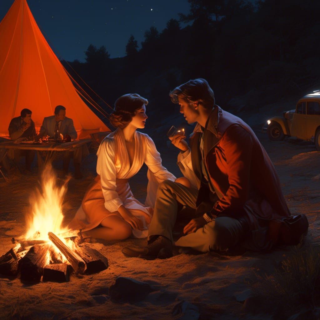 Campfire Cuddles: Lovers in the Style of Mucha